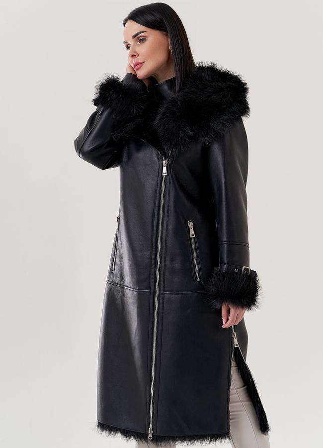 Женская дубленка из эко кожи черного цвета  модель № 79456 в рассрочку