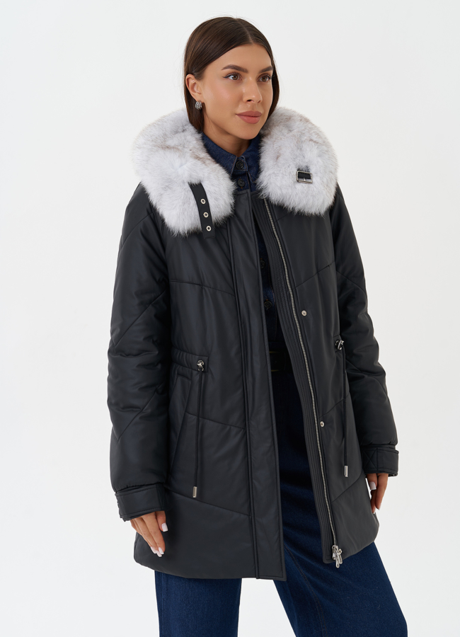 Пуховик из эко кожи с мехом модель № 27724 универмаг малина