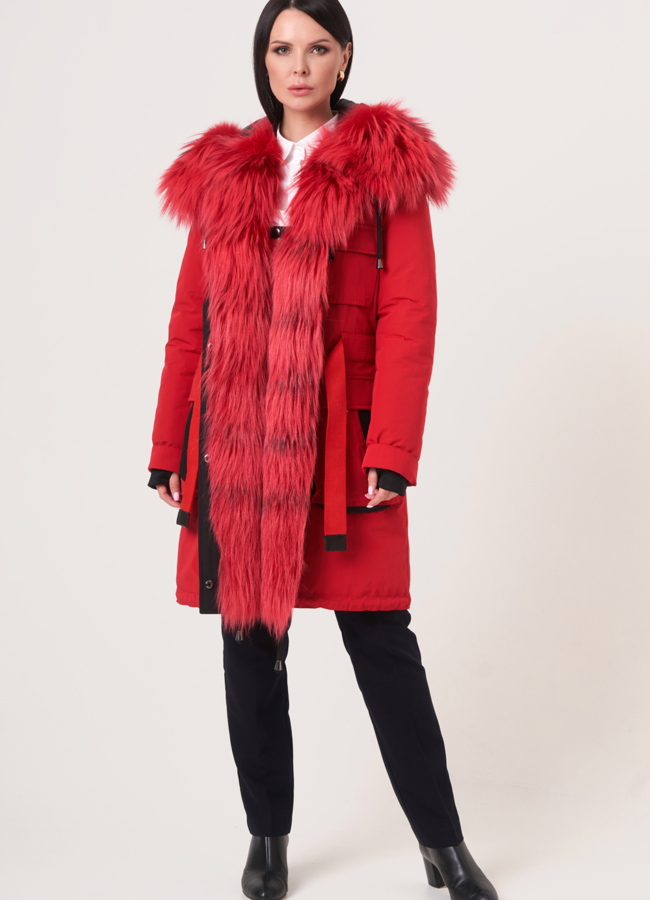 Красная меховая парка с капюшоном модель № 12035 универмаг малина