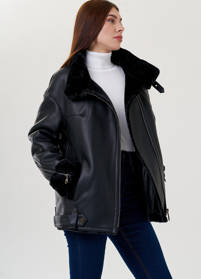 Дубленка из искусственного меха в черном цвете модель № 79309 универмаг малина