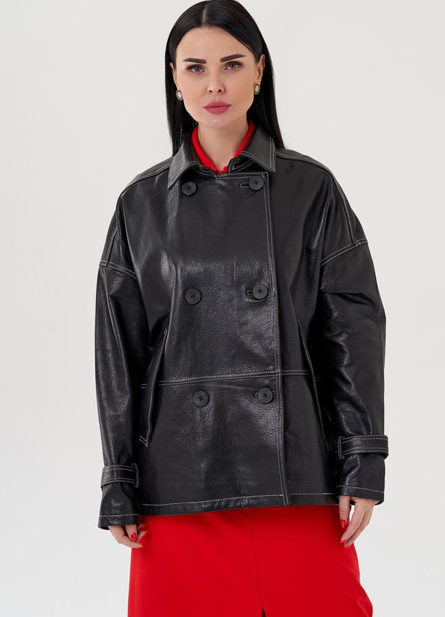 Куртка из натуральной кожи с двубортной застежкой модель № 24092 универмаг малина