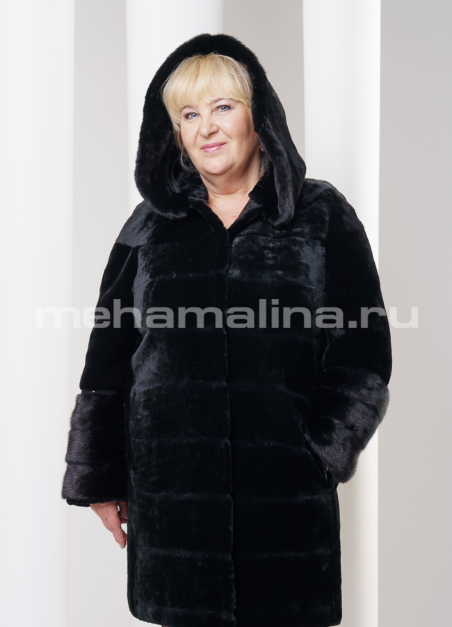 Шуба мутон с лазерной стрижкой, черная модель № S-277 в кредит
