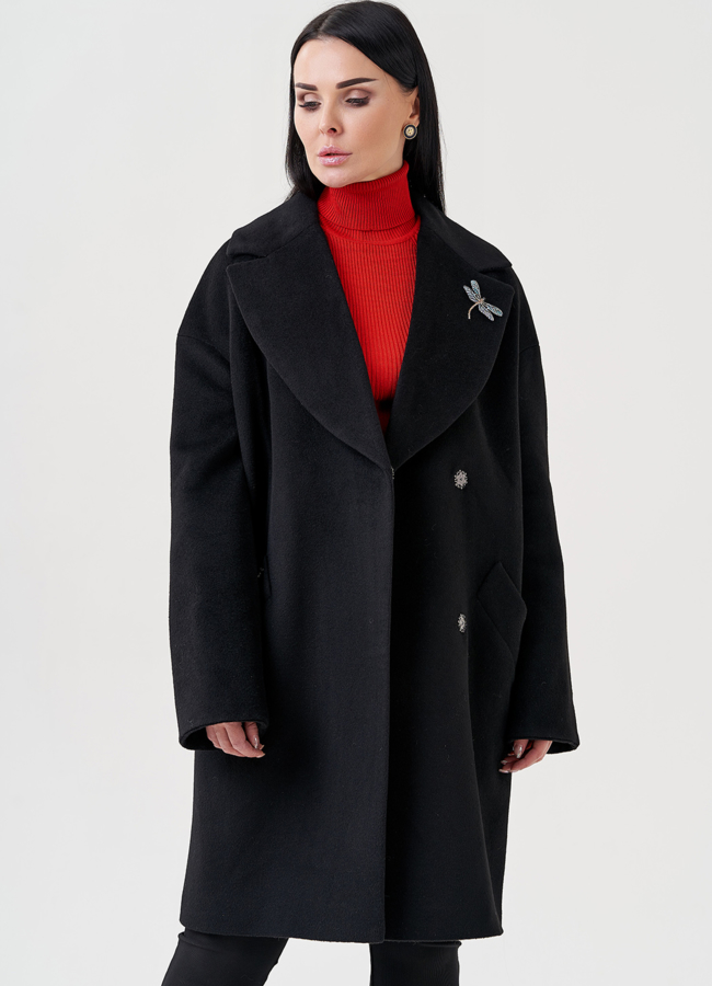 Женское пальто под пояс в черном цвете модель № 23960 универмаг малина
