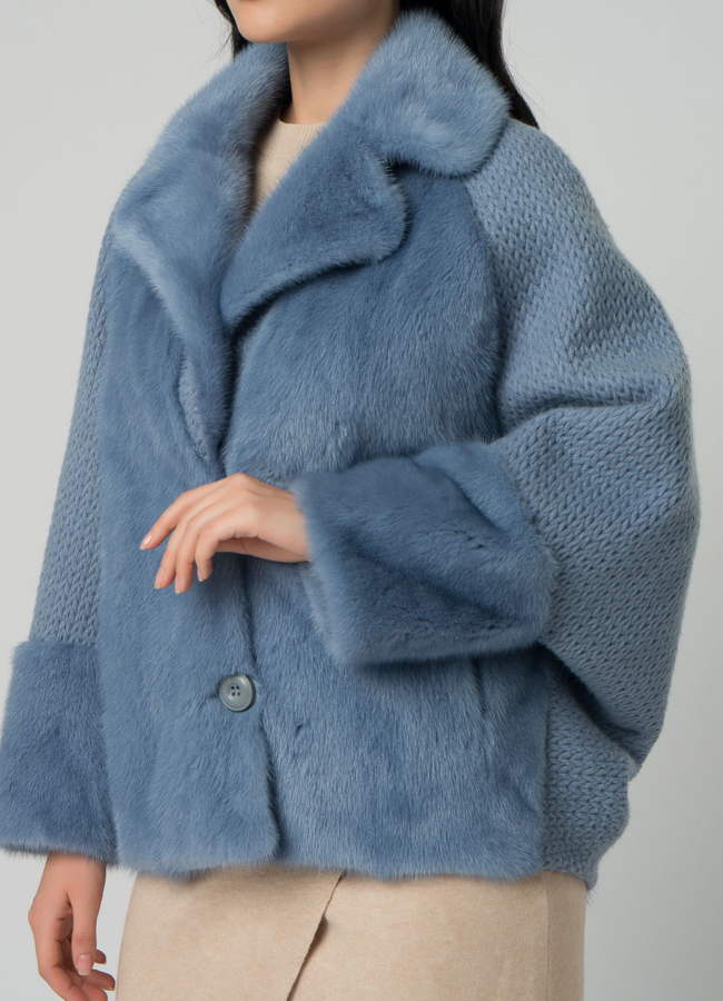 Кардиган голубого цвета с отделкой из норки модель № 21857 универмаг малина