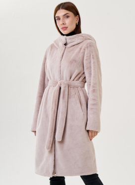 Двухстороннее пальто из эко меха с капюшоном
