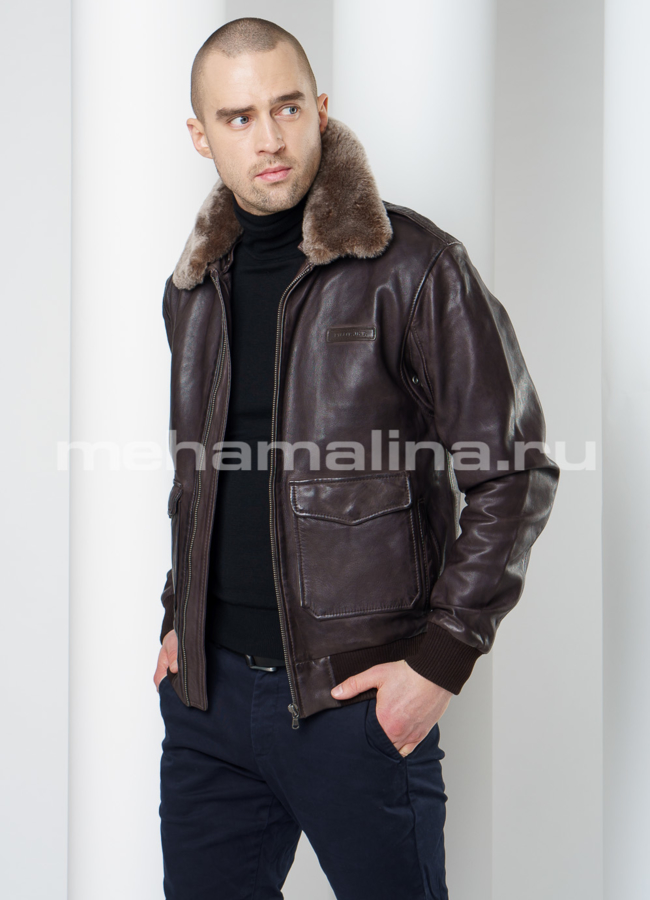 Кожаная куртка на резинке модель № KP-219 универмаг малина