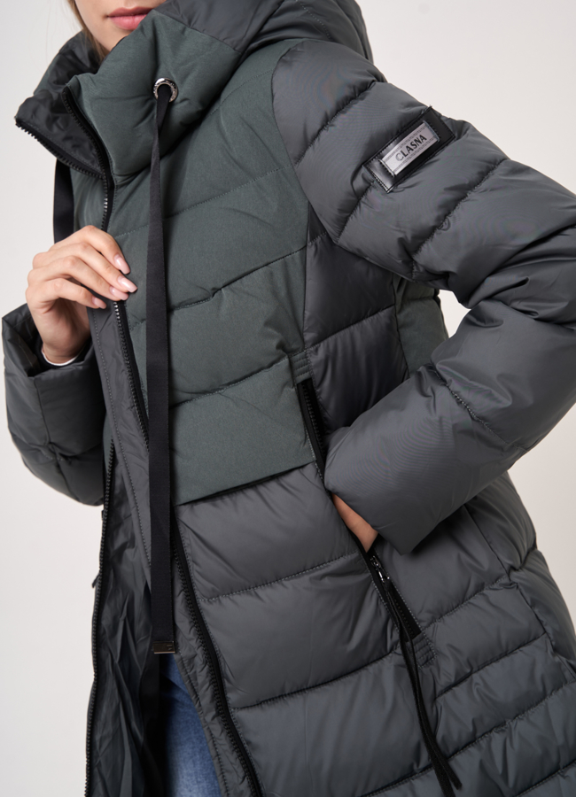 Пуховик серого цвета на молнии с капюшоном модель № 209 универмаг малина