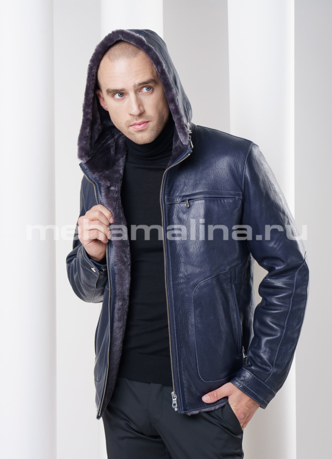 фото Дубленка с капюшоном, цвет синий модель № DM-74