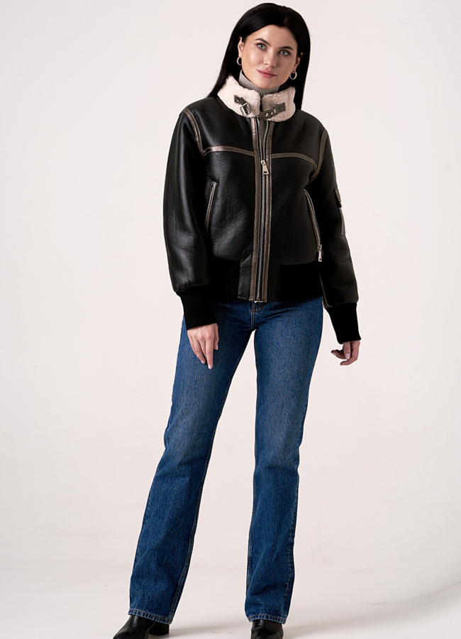 Укороченная черная дубленка пилот модель № 2051 универмаг малина