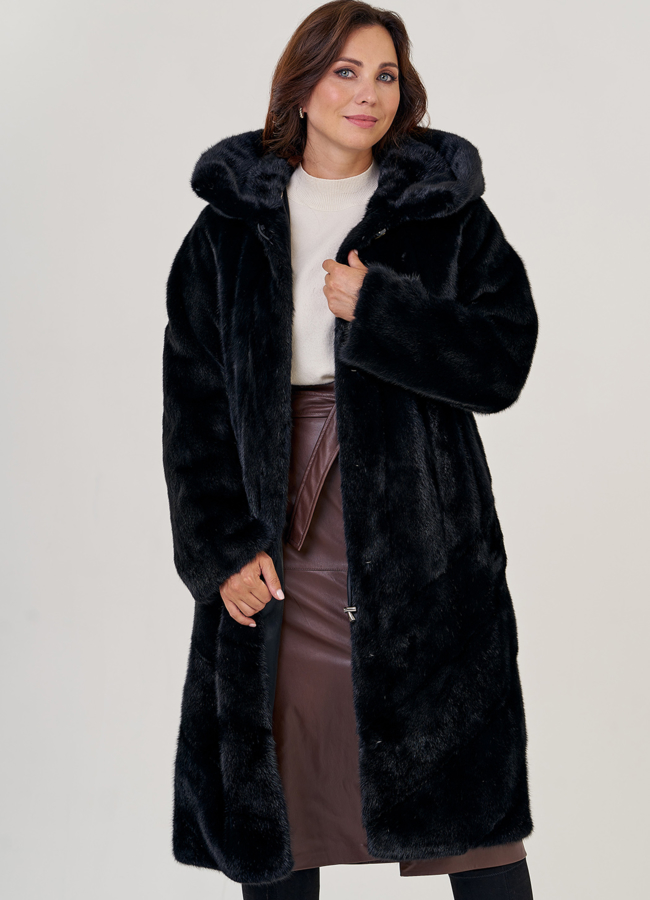 Шуба из норки в черном цвете с капюшоном модель № 23148 универмаг малина