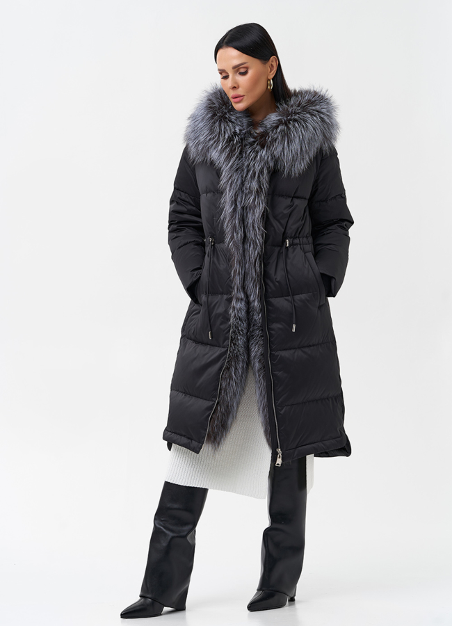 Женский пуховик с отделкой из меха чернобурки модель № 28524 универмаг малина
