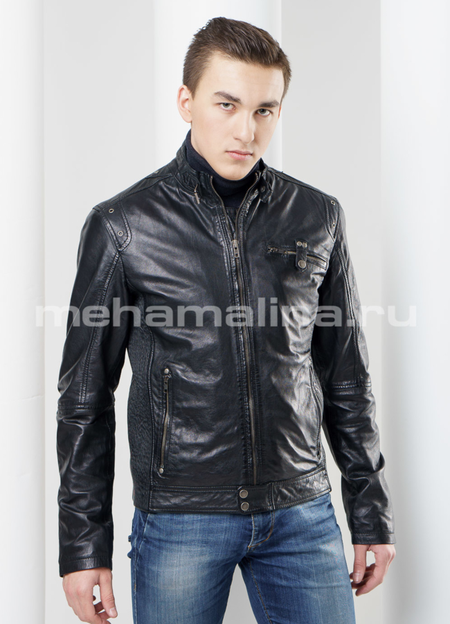 Мужская кожаная куртка модель № KP-138 меха малина