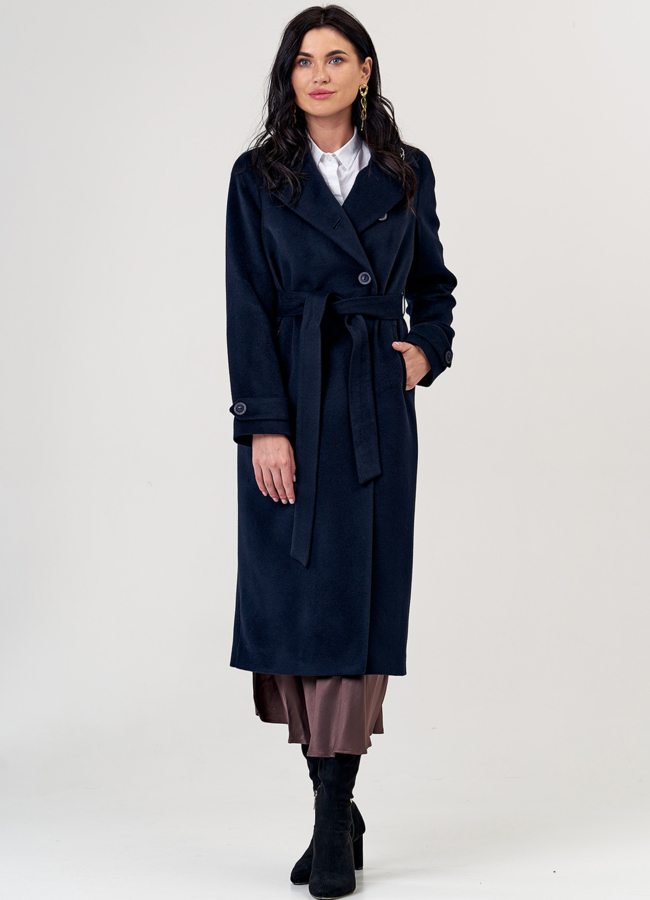 фото Женское пальто синего цвета с поясом модель № 21372