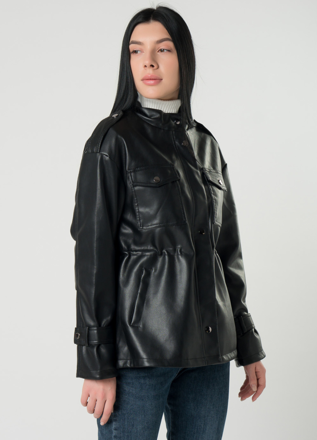 Женская куртка-рубашка с кулиской на талии  из эко кожи  модель № 22407 в рассрочку