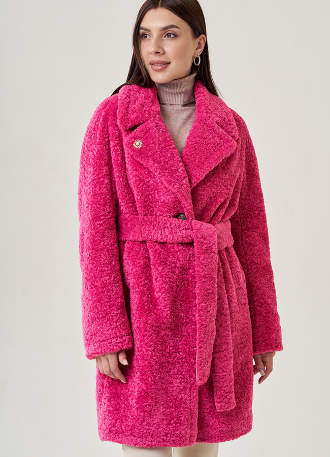 Женское полупальто из эко меха с английским воротником  модель № 23125 меха малина