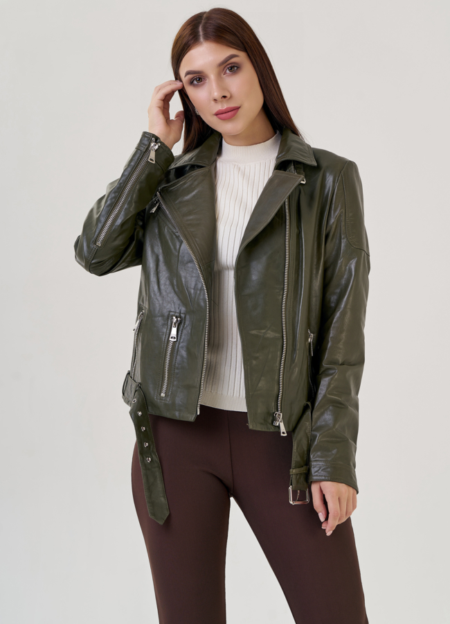 Кожаная куртка зеленого цвета модель № 10622 в кредит