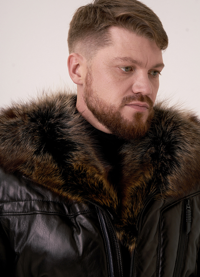 Пуховик из натуральной кожи черного цвета со съемным капюшоном модель № 9222 универмаг малина