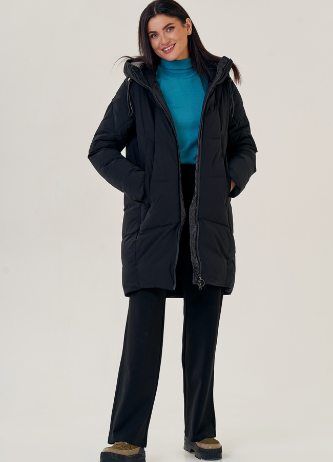 Пуховик женский черного цвета с капюшоном модель № 79145 универмаг малина