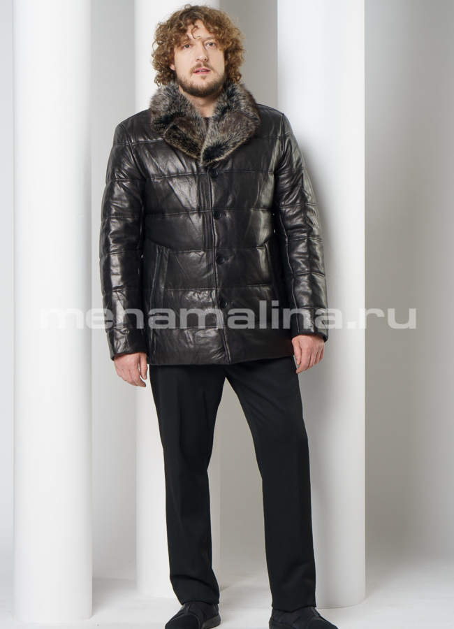 фото Пуховик из натуральной кожи на пуговицах с английским воротником модель № ПМ-105