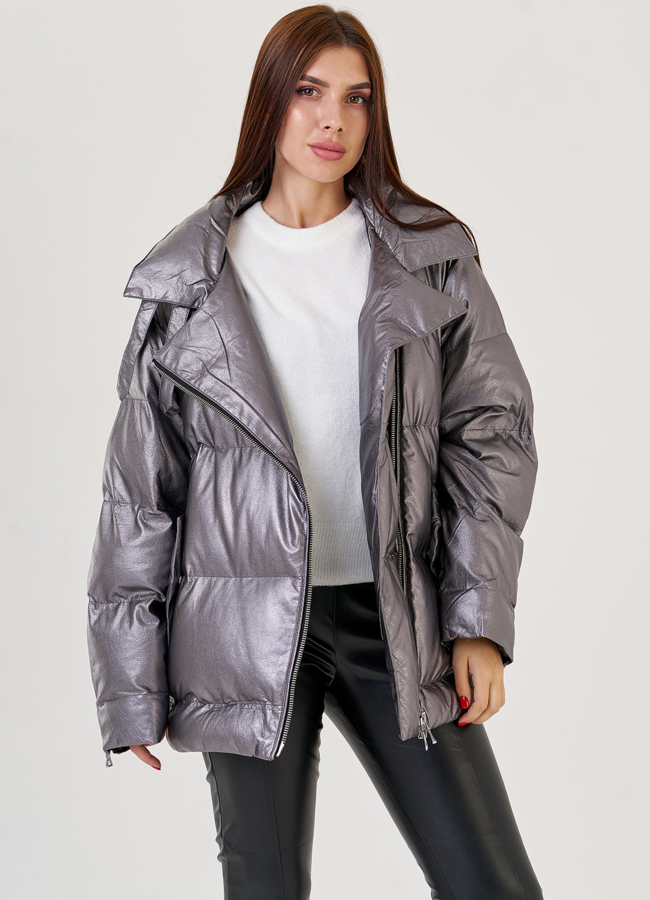 Серебристый пуховик Malina Siberian из эко кожи модель № 79214 универмаг малина