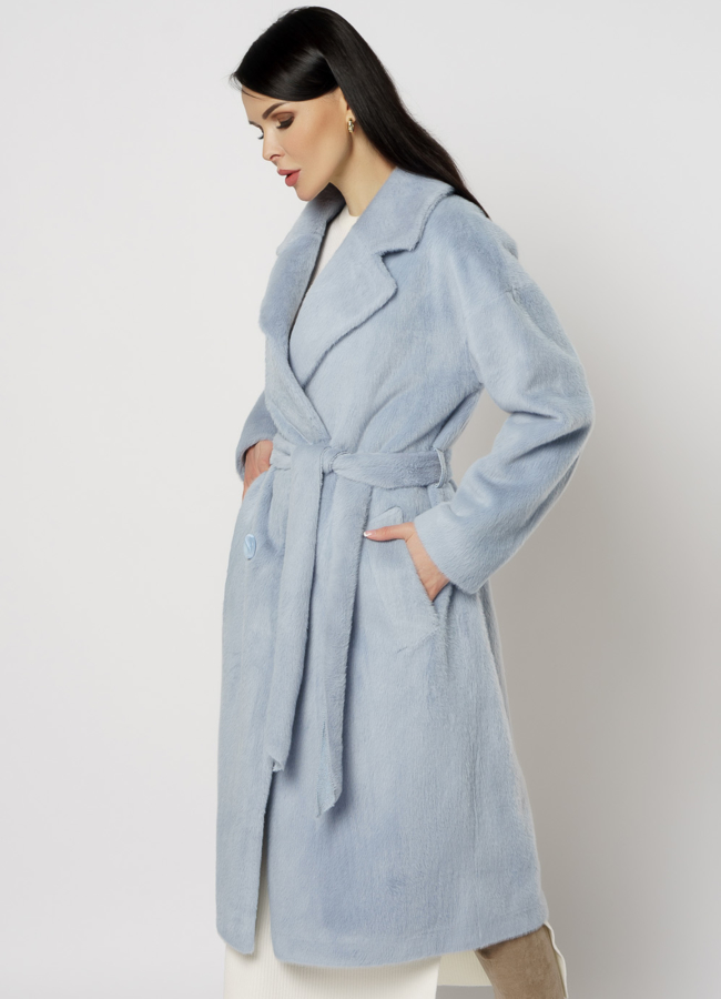 Двубортное пальто голубого цвета модель № 20744 в рассрочку