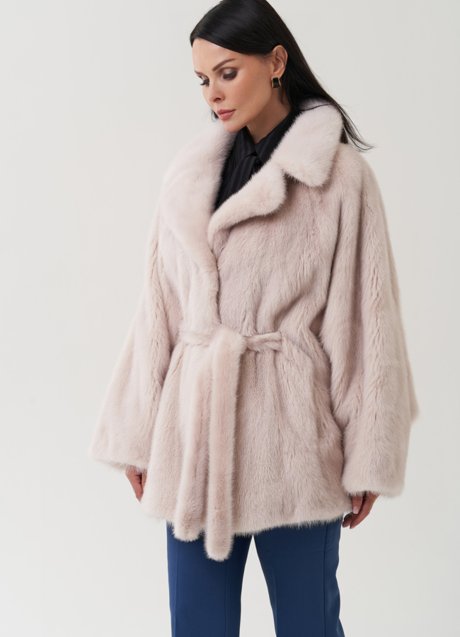 Шуба в цвете пудра с английским воротником модель № 24820 универмаг малина