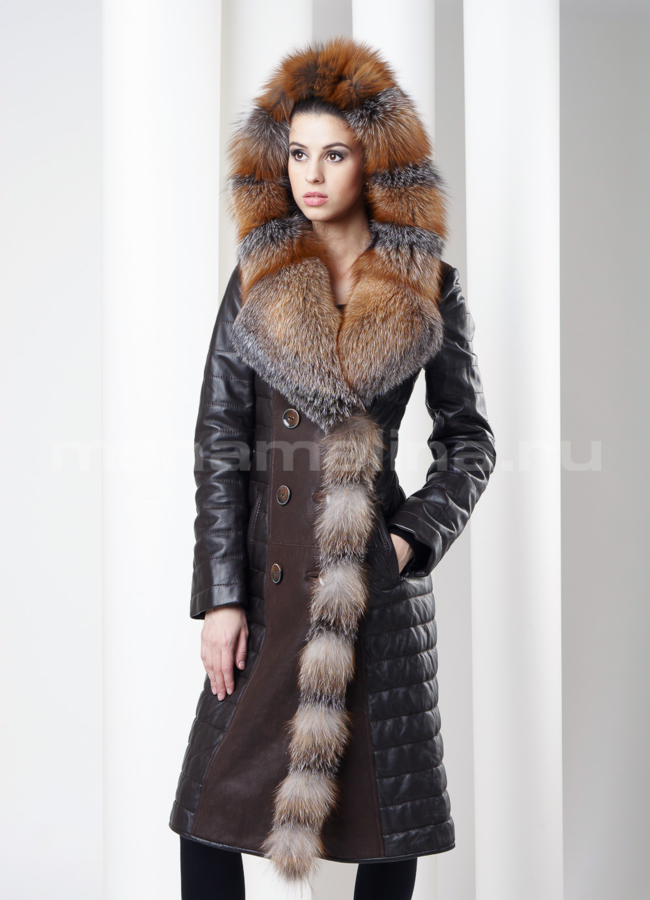 Дубленка-пуховик с лисой по борту модель № D-109 меха малина Дубленка-пуховик с лисой по борту модель № D-109 меха малина
