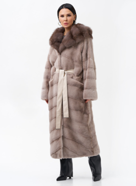 Длинная шуба из норки с капюшоном