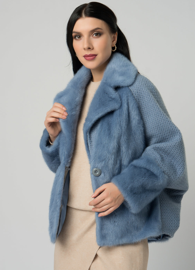 Кардиган голубого цвета с отделкой из норки модель № 21857 универмаг малина