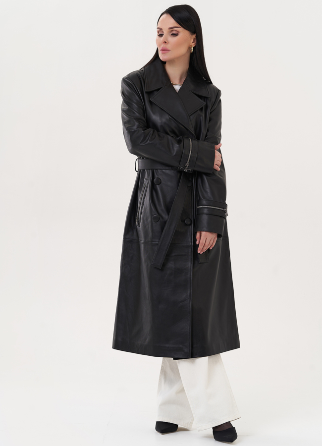 фото Плащ из натуральной кожи с английским воротником модель № 26953