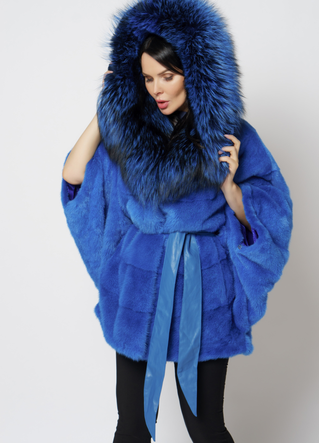 Норковая шуба синего цвета с капюшоном из чернобурки модель № 19443 меха малина