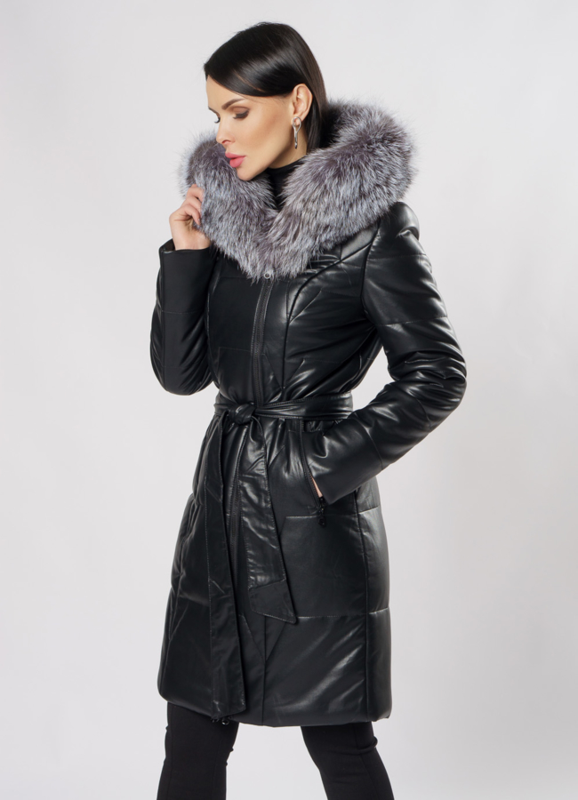 фото Пуховик из эко кожи с капюшоном модель № 19223