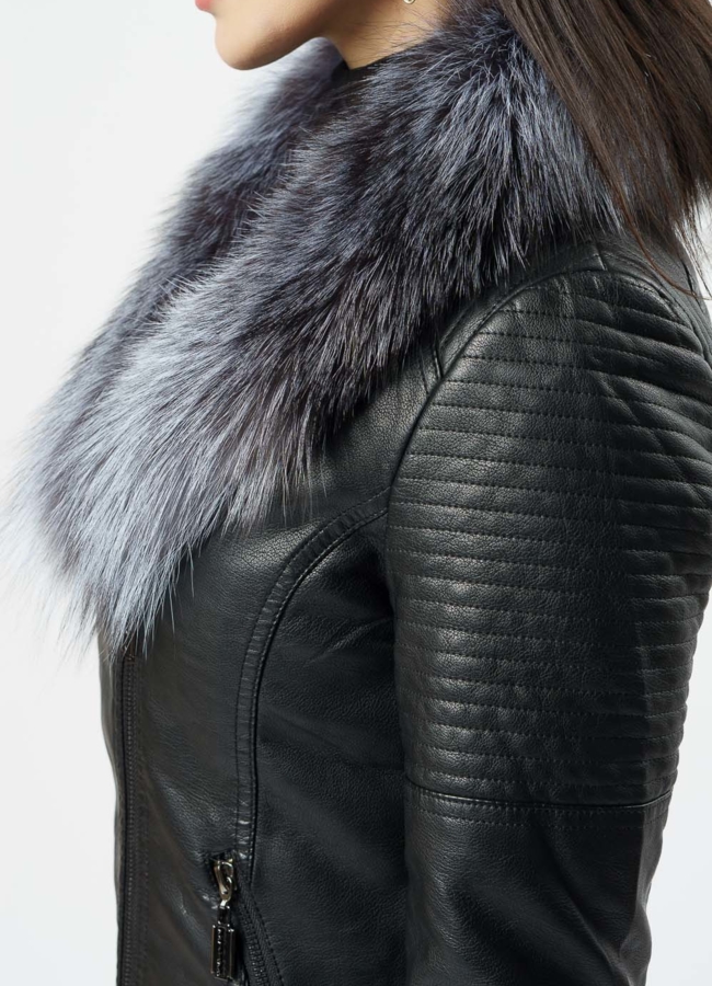 Куртка черная из эко кожи с отделкой чернобурка модель № 18238 универмаг малина