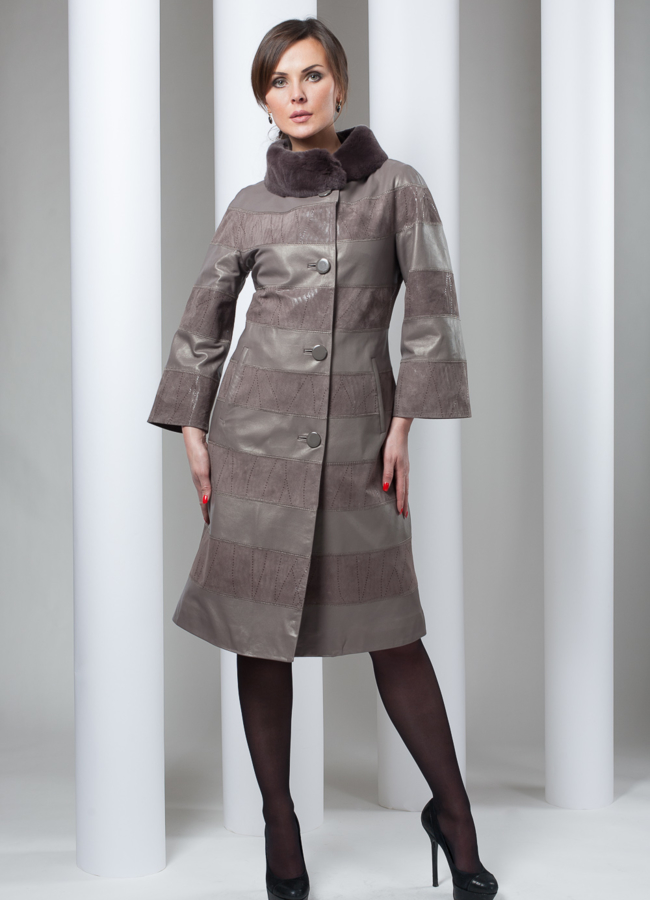 фото Кожаное пальто из комбинированной кожи/замши модель № K-67