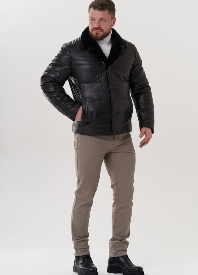 Мужская куртка из натуральной кожи модель № 26181 меха малина