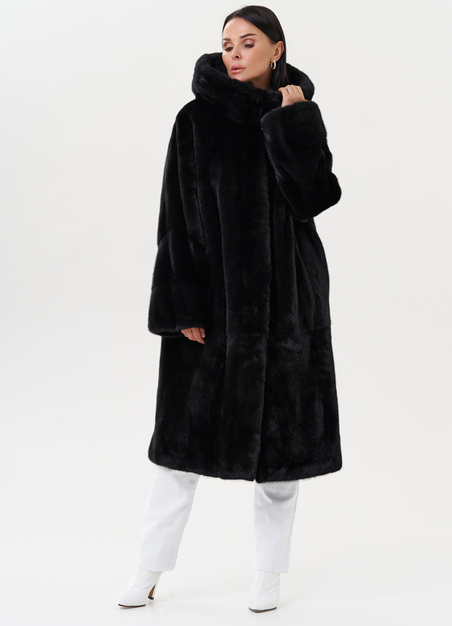 Женская шуба из меха норки с капюшоном модель № 27546 меха малина