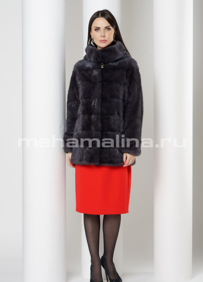 Укороченная норковая шуба с капюшоном в цвете графит модель № S-782 в рассрочку