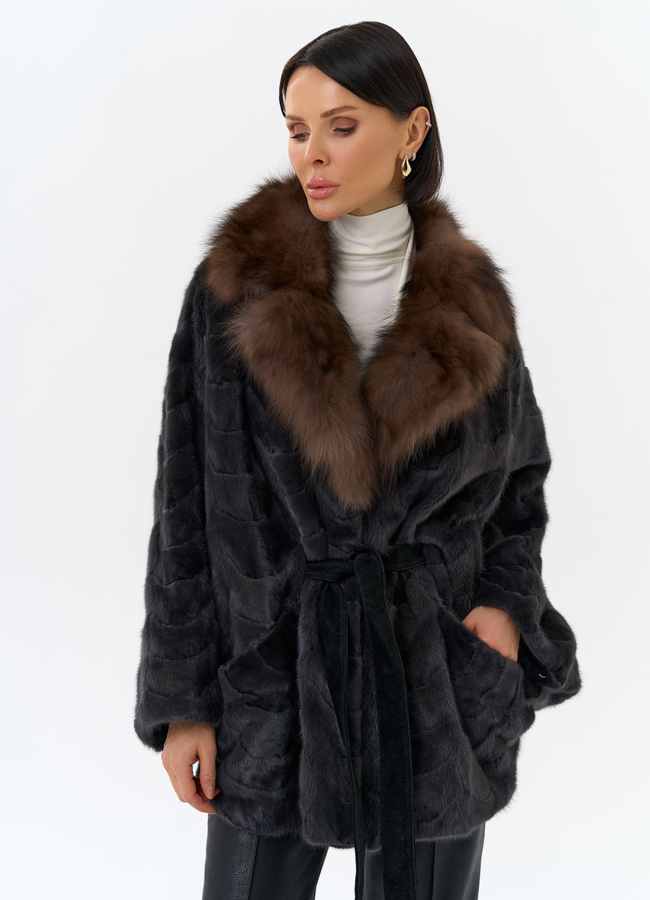 Шуба из меха норки с воротником из меха лисы модель № 31302 универмаг малина