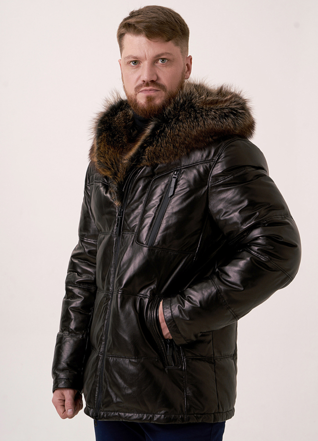 Пуховик из натуральной кожи черного цвета со съемным капюшоном модель № 9222 меха малина