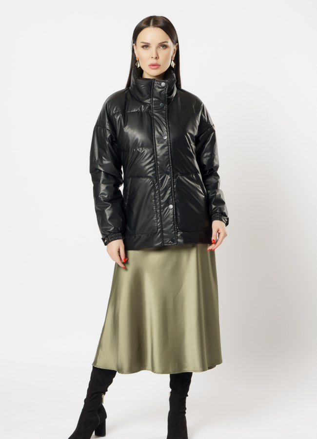 фото Куртка утепленная из эко кожи черного цвета модель № 215