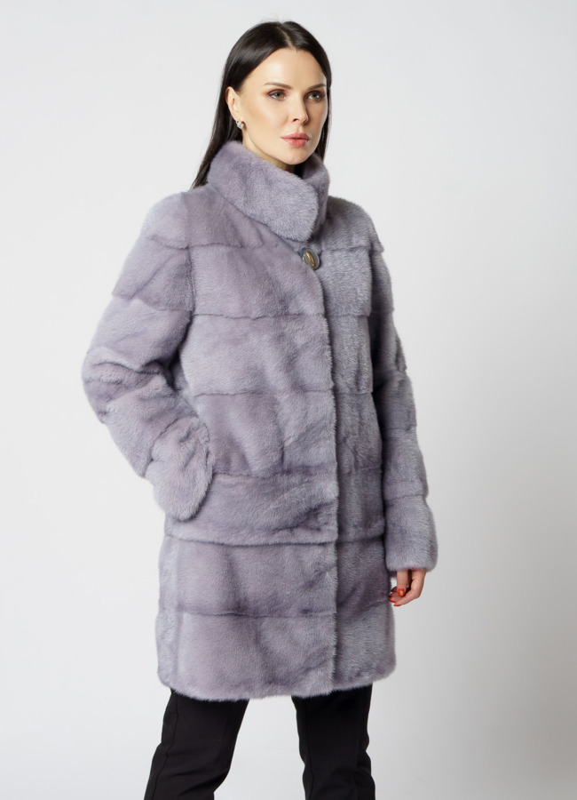 Норковая шуба с воротником стойкой голубого цвета модель № S-811 универмаг малина