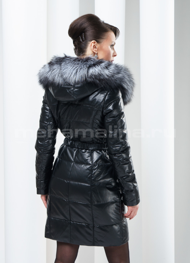 Кожаный пуховик черный с капюшоном модель № П-29 в кредит