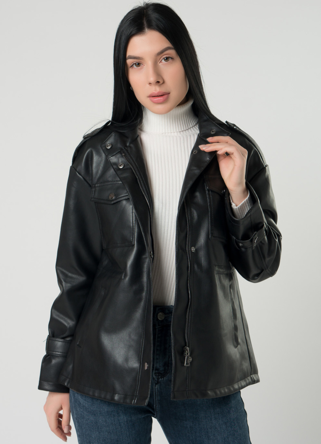 Женская куртка-рубашка с кулиской на талии  из эко кожи  модель № 22407 универмаг малина