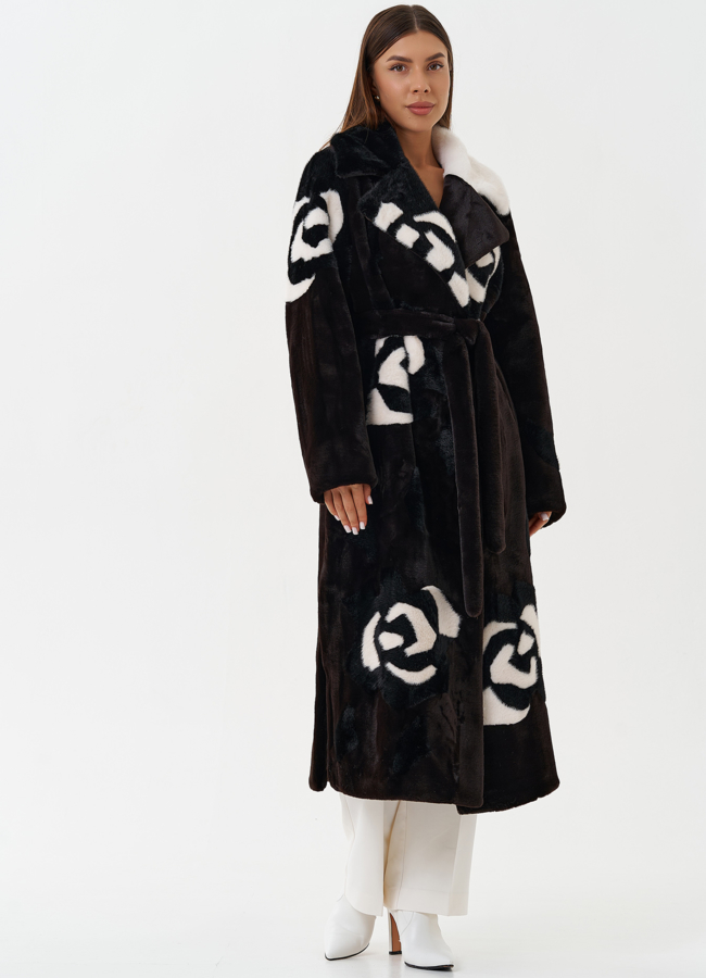 Пальто из эко меха с цветочным принтом модель № 28459 в кредит