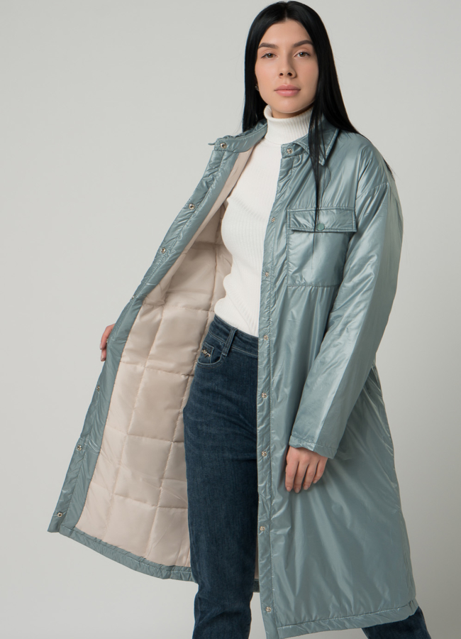 Женское пальто-рубашка светло-зеленого цвета с поясом модель № 22392 универмаг малина