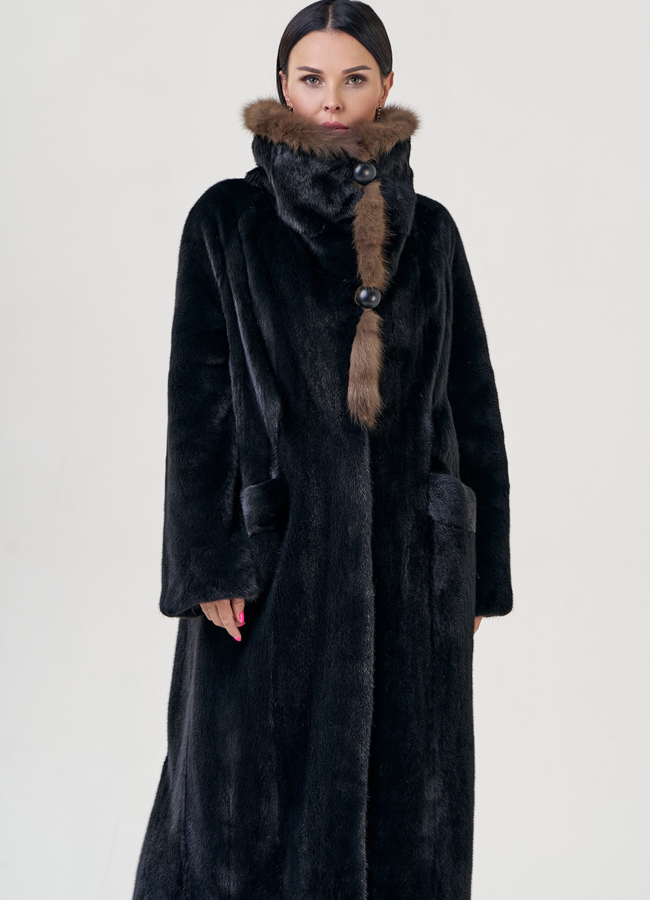 Длинная шуба  из скандинавской норки с куницей модель № 78741 универмаг малина