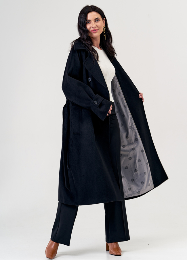 Женское объемное пальто черного цвета с английским воротником модель № 0228 в кредит