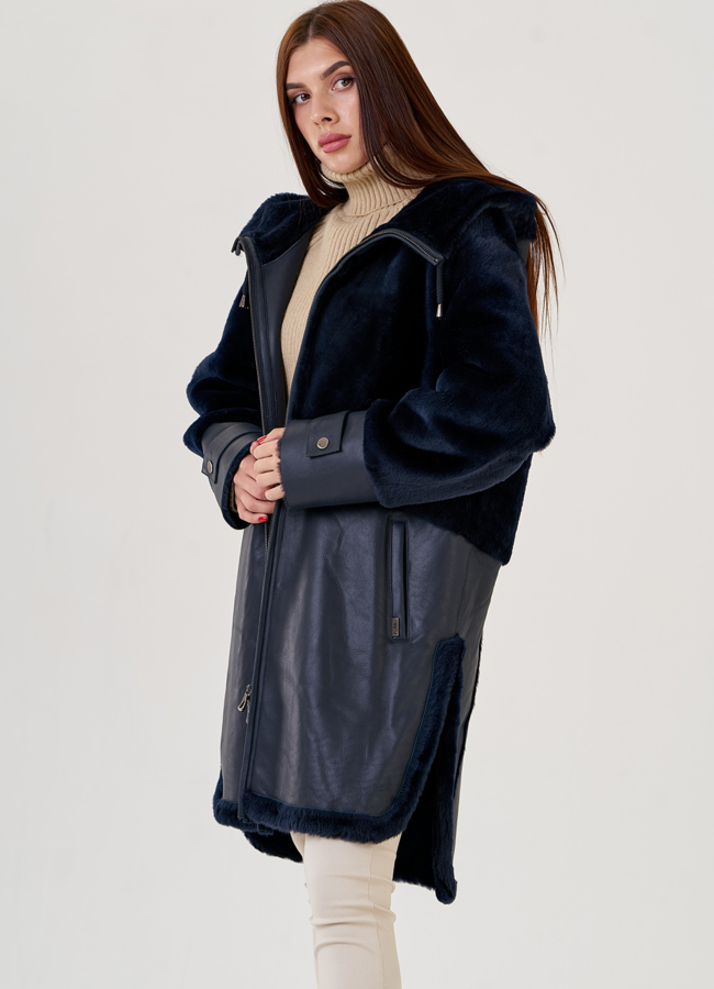 Дубленка из натуральной кожи синего цвета модель № 23290 универмаг малина