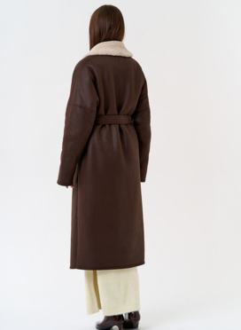 Женская двухсторонняя дубленка из эко замши с воротником шаль