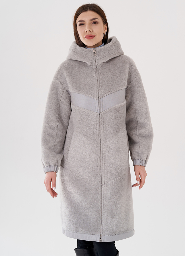 Женская эко дубленка в сером цвете модель № 24315 меха малина